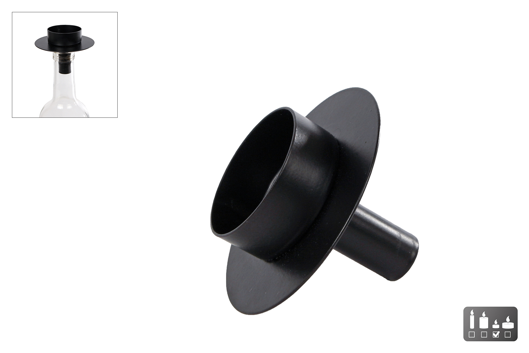 Theellichthouder voor wijnfles mat zwart metaal 7,5x7,5x6cm