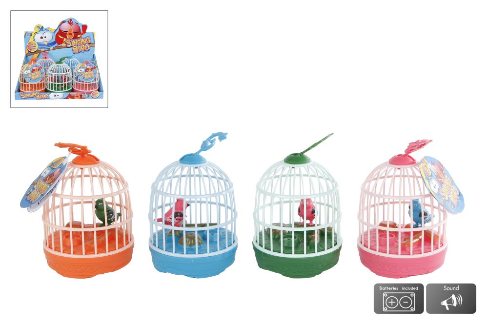 Fluitende vogel vriendjes in kooitje met geluid 15cm 4 ass