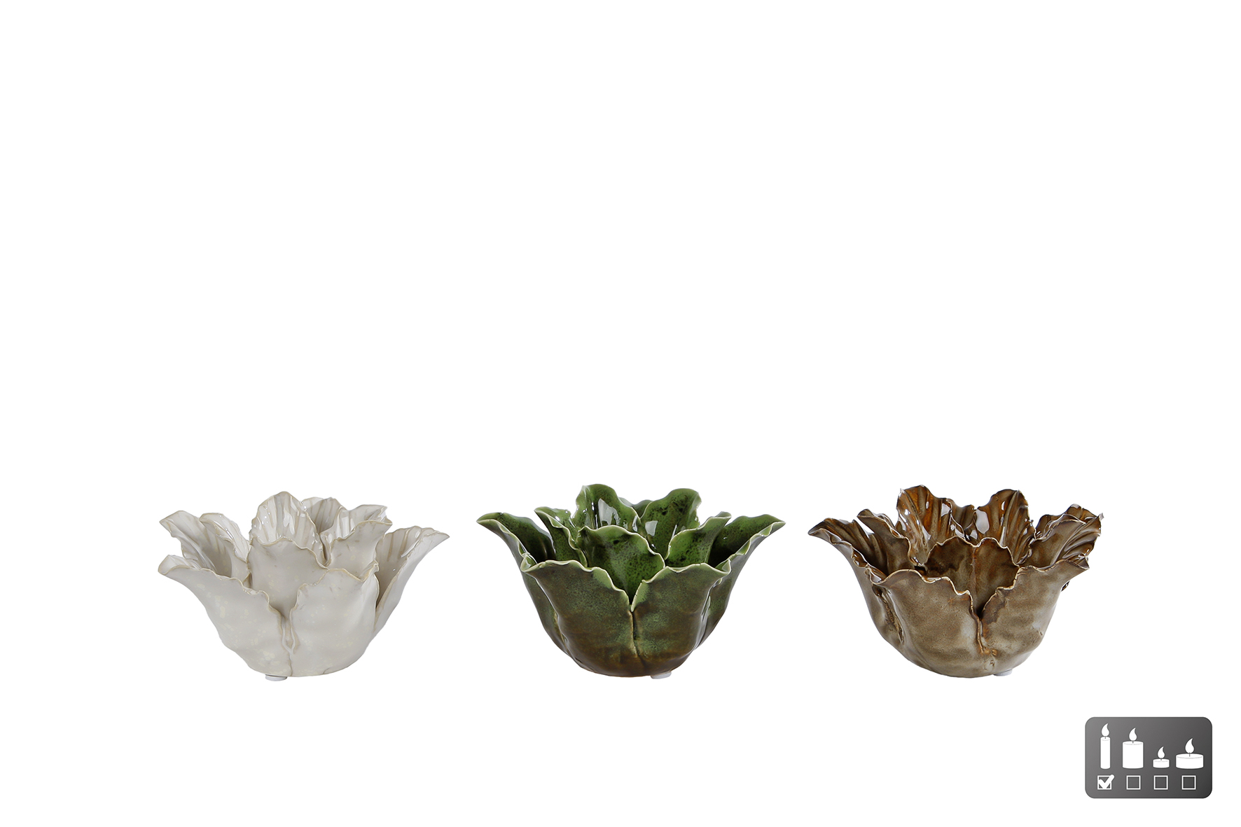 Kandelaar Flower S creme/beige/groen 3 assorti aardewerk