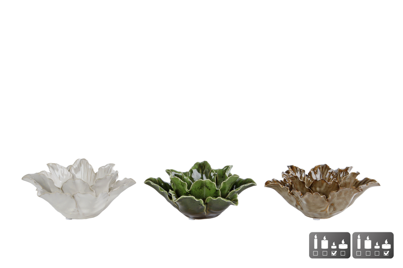 Theelichth Flower M creme/beige/groen awerk 14x14x5,5cm ass.