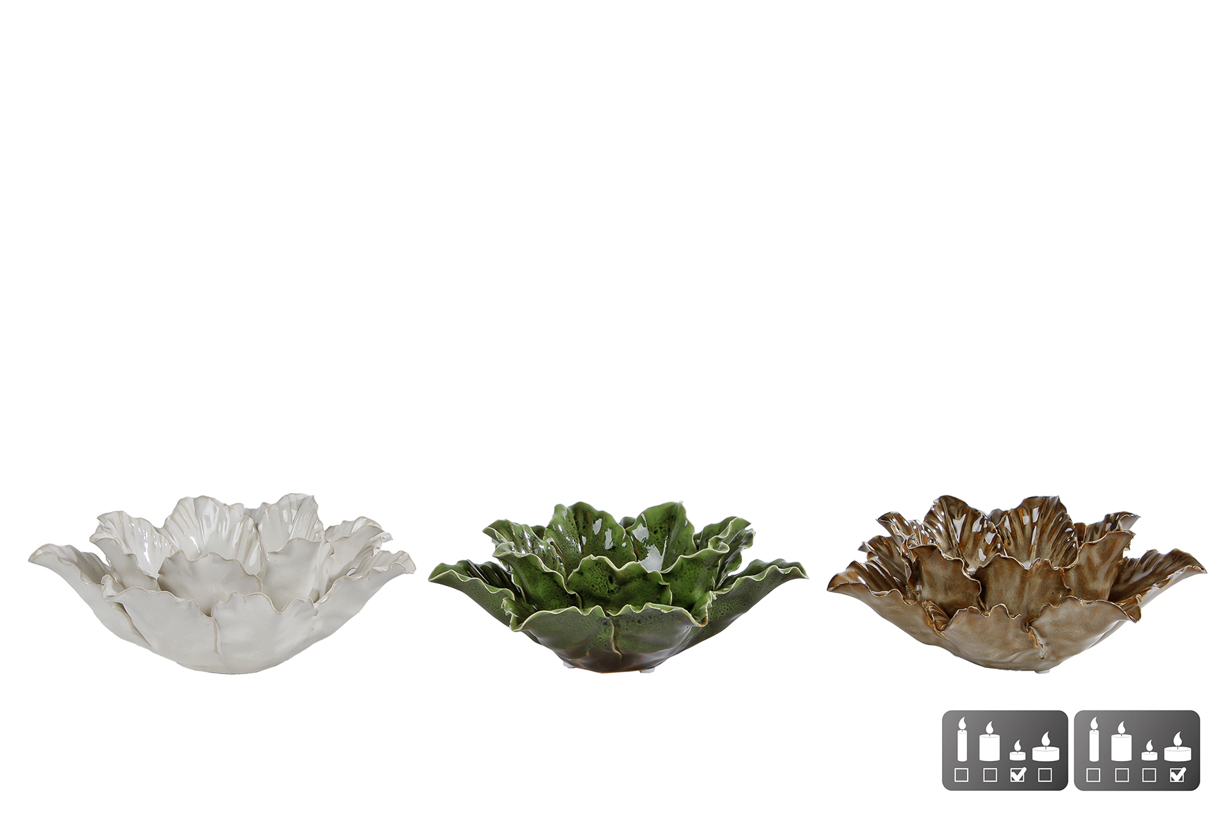 Theelichth Flower L creme/beige/groen awerk 16x16x5,5cm ass.