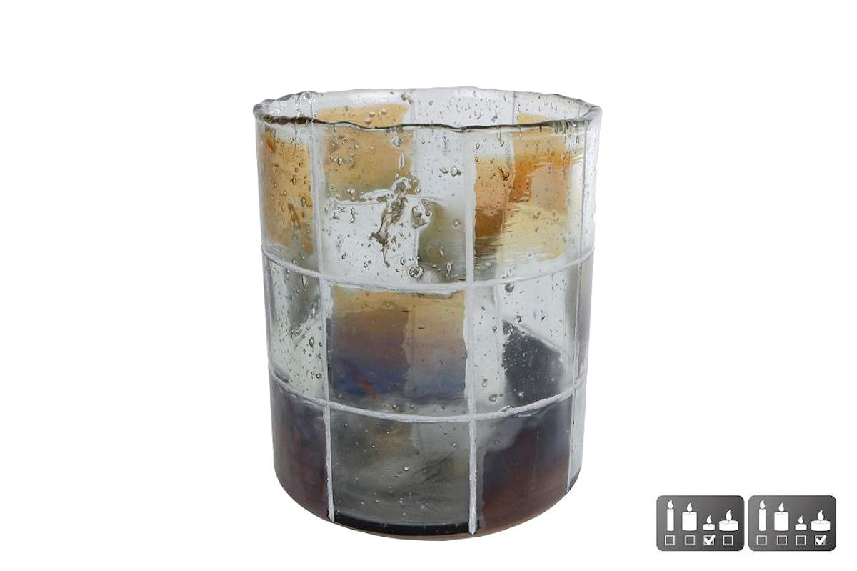 Theelichthouder Blocks L bruin/groen glas 11x11x13cm