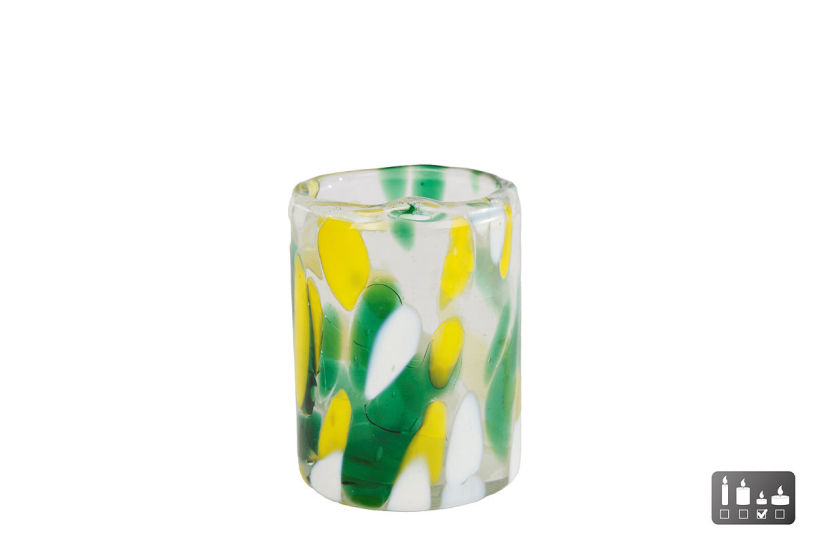 Theelichthouder Dots S geel/groen/wit glas 6x6x7cm