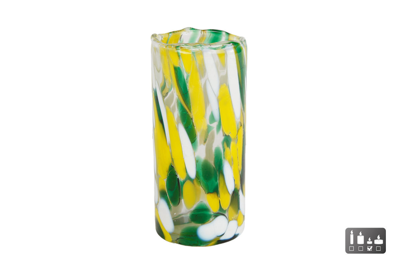 Theelichthouder Dots L geel/groen/wit glas 6x6x12cm