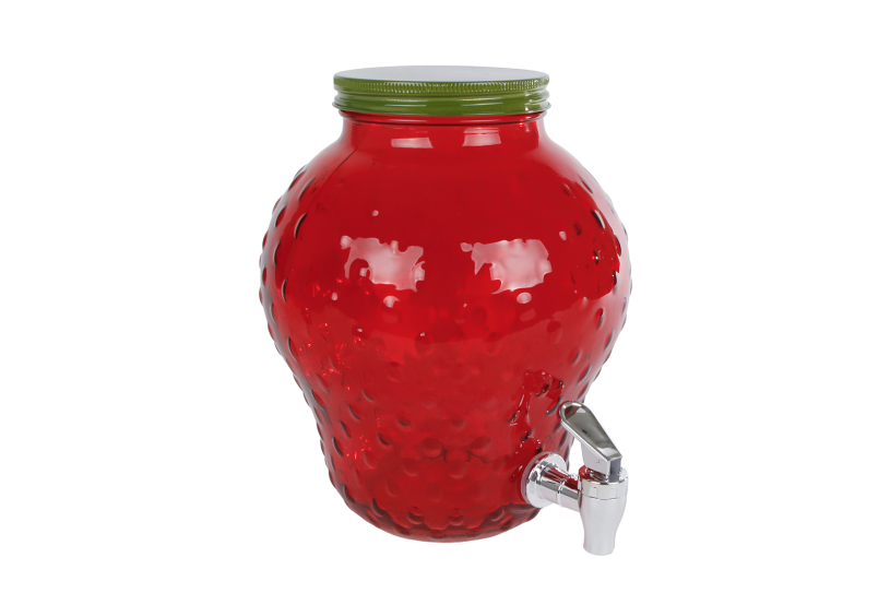 Kan Aardbei met tapkraantje rood glas 19x19x25cm