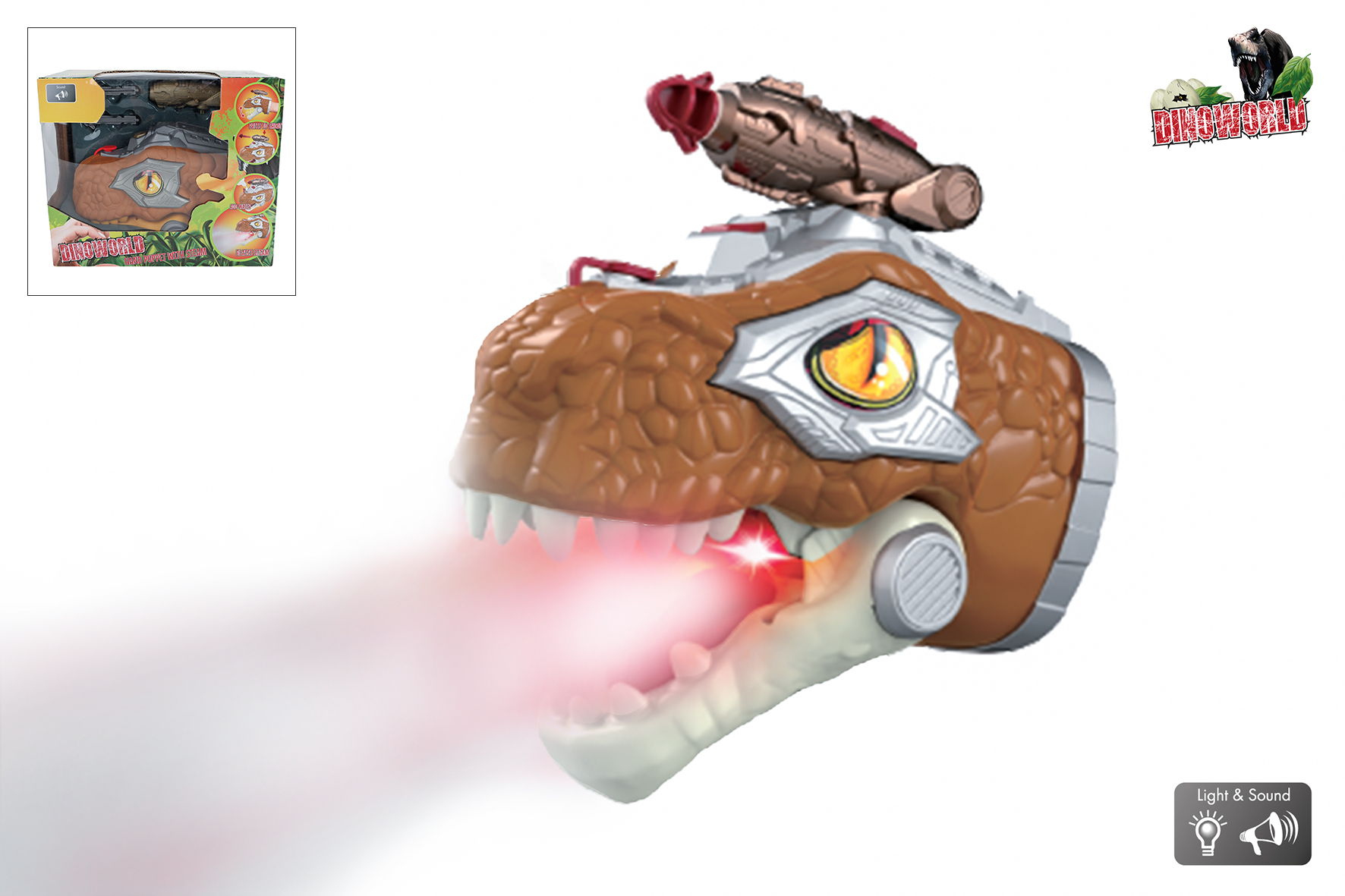 DinoWorld dinosaurus handpop met stoom licht en geluid 17cm