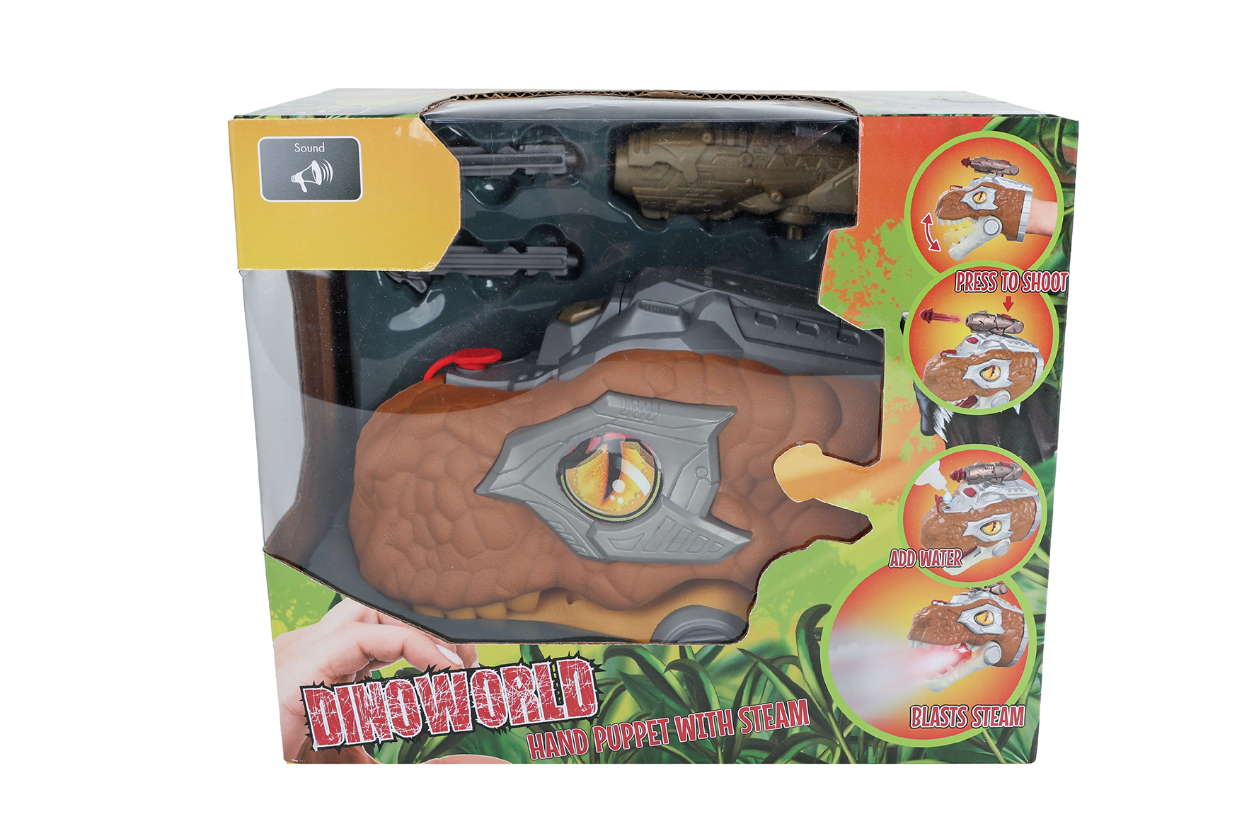 DinoWorld dinosaurus handpop met stoom licht en geluid 17cm