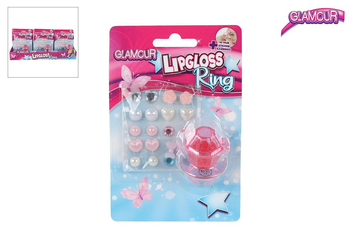 Glamour lipgloss ring en 10 paar oorring stickers