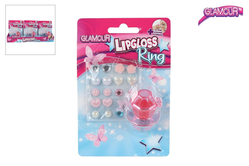 Glamour lipgloss ring en 10 paar oorring stickers