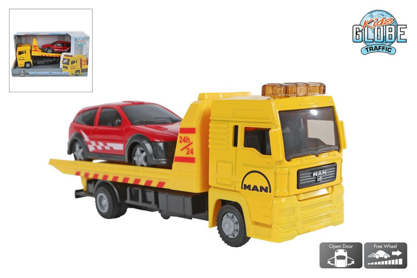 Kids Globe MAN vrachtwagen bergingswagen 19cm en auto 10,5cm
