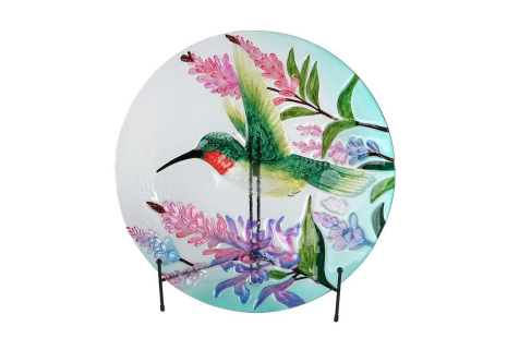 Schaal Kolibri m/standaard groen/rose glas 46x46x7cm