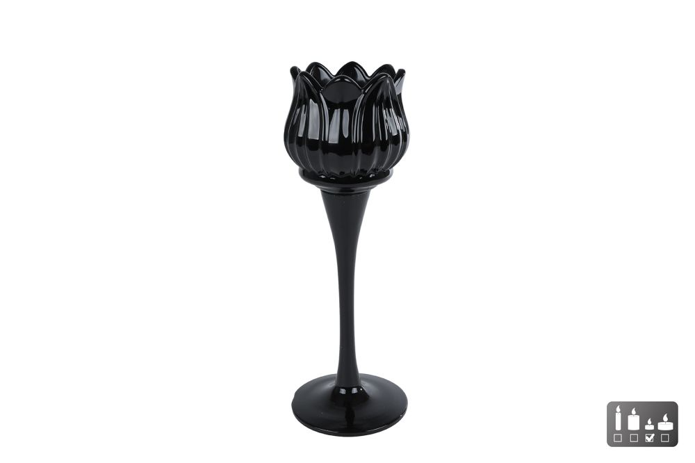 Theelichthouder Tulip zwart glas 7x7x22cm