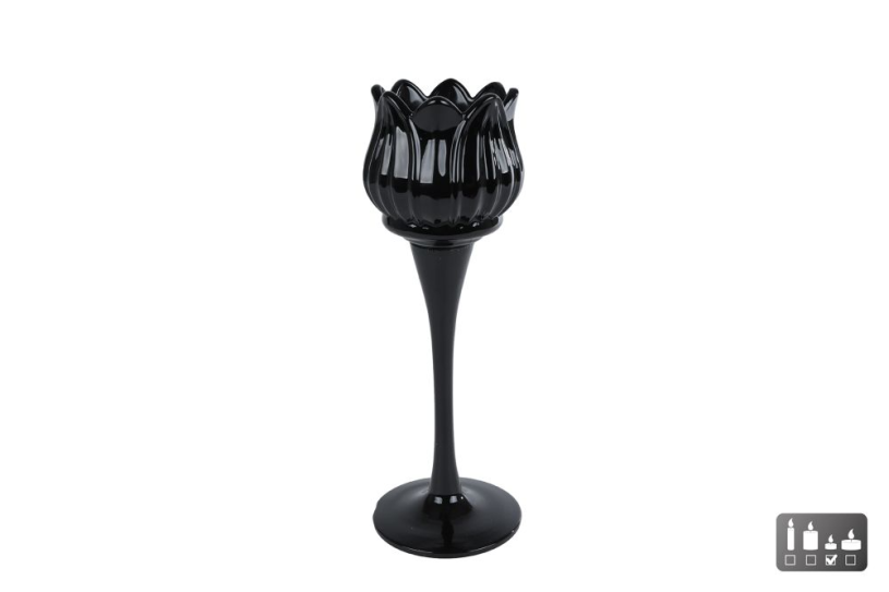 Theelichthouder Tulip zwart glas 7x7x22cm