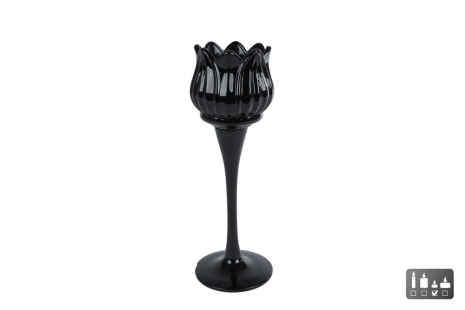 Theelichthouder Tulip zwart glas 7x7x22cm