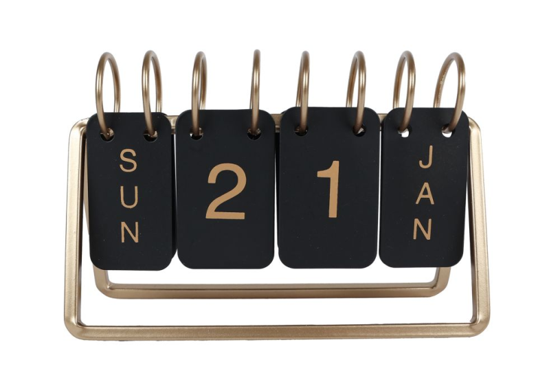 Bureaukalender Datum zwart/goud metaal 18x6x12,5cm