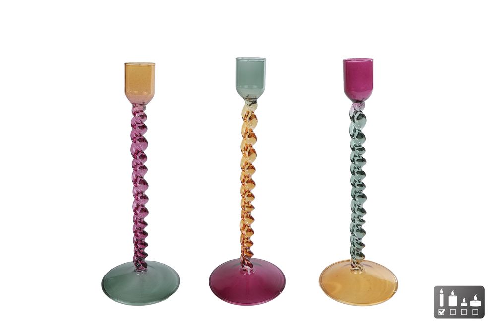 Kandelaar Aya geel/paars/groen glas 9x9x22cm ass.