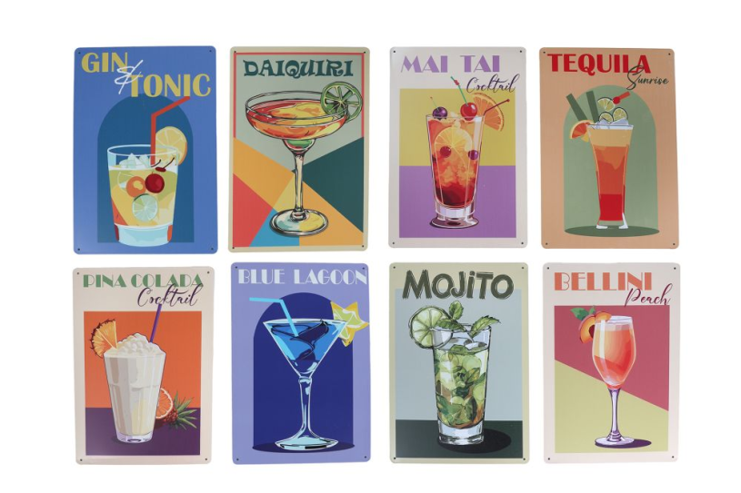 Wandbord Cocktails metaal 20x30x0,02cm 8 assorti