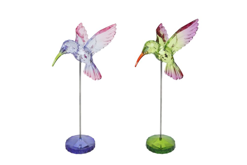 Sculptuur Kolibri o/steel paars/groen acryl 10x10x25cm assor