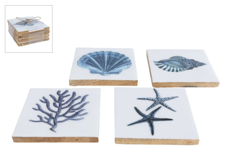 Onderzetter Sea hout emaile 10x10cm set 4 stuks