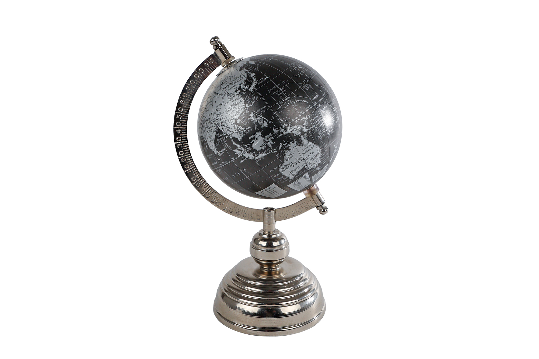 Wereldbol World zwart/zilver hout/metaal 11x12x25cm