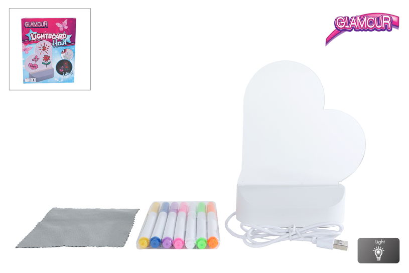 Glamour lichtbord hart 16cm met usb aansluiting en 7 stiften