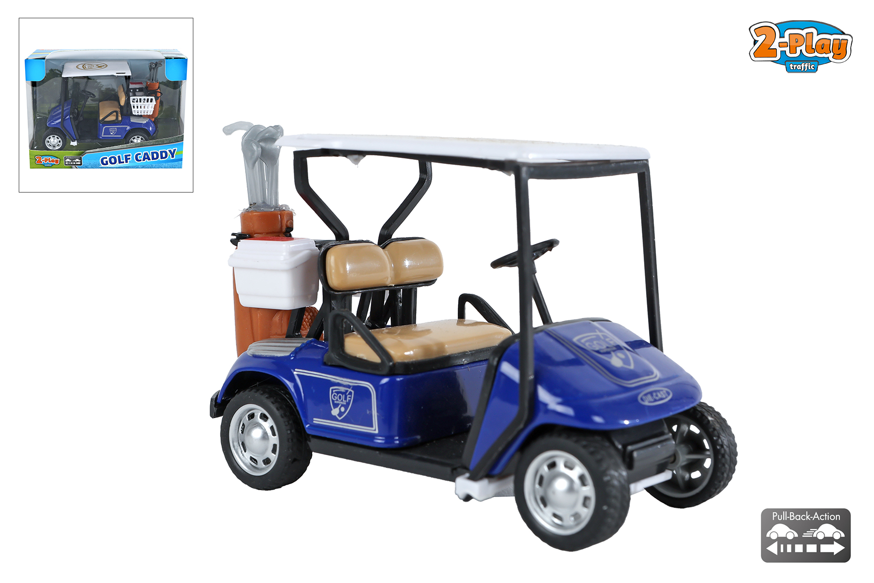 2-Play golf caddy met golfclubs die cast pull back 10cm