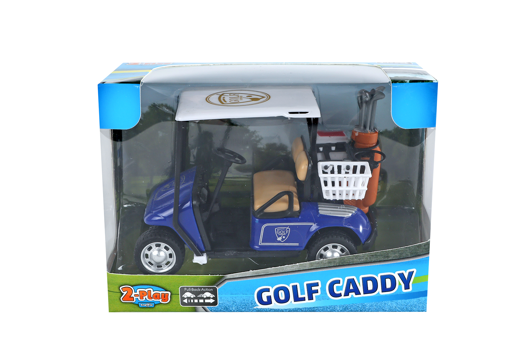2-Play golf caddy met golfclubs die cast pull back 10cm