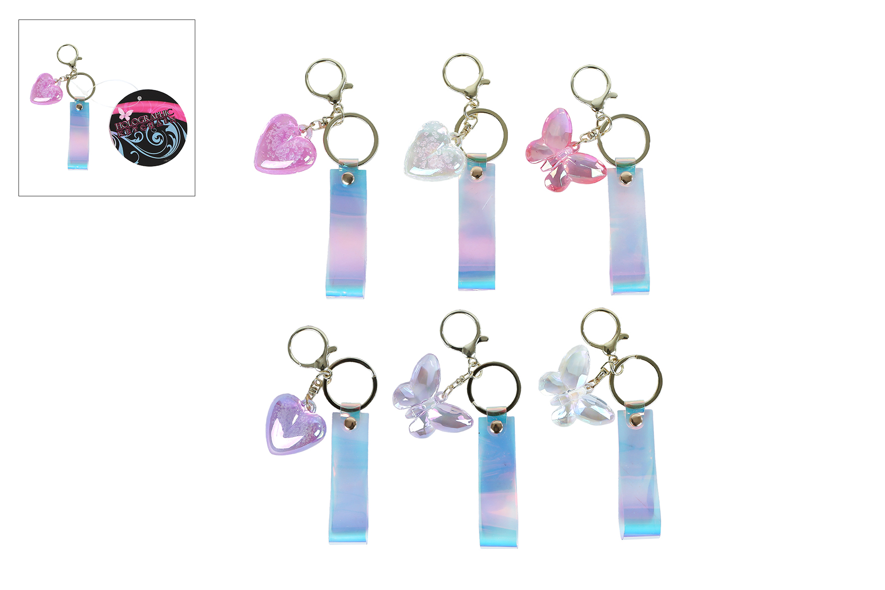 Sleutelhanger holografisch hart/vlinder 6 assorti