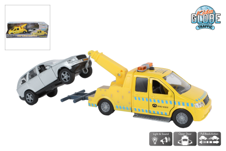 Kids Globe afsleepwagen m/auto L/G die cast pull back 26cm