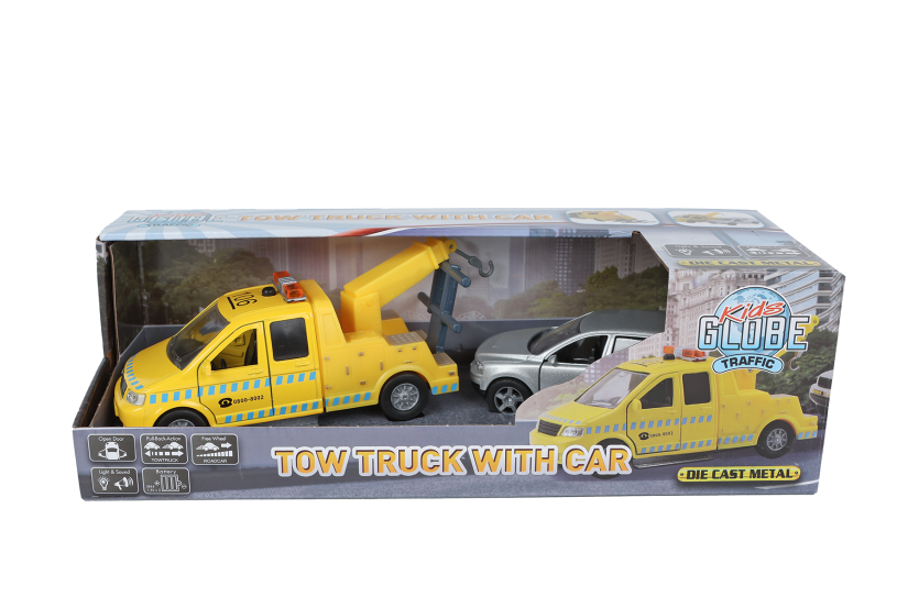 Kids Globe afsleepwagen m/auto L/G die cast pull back 26cm