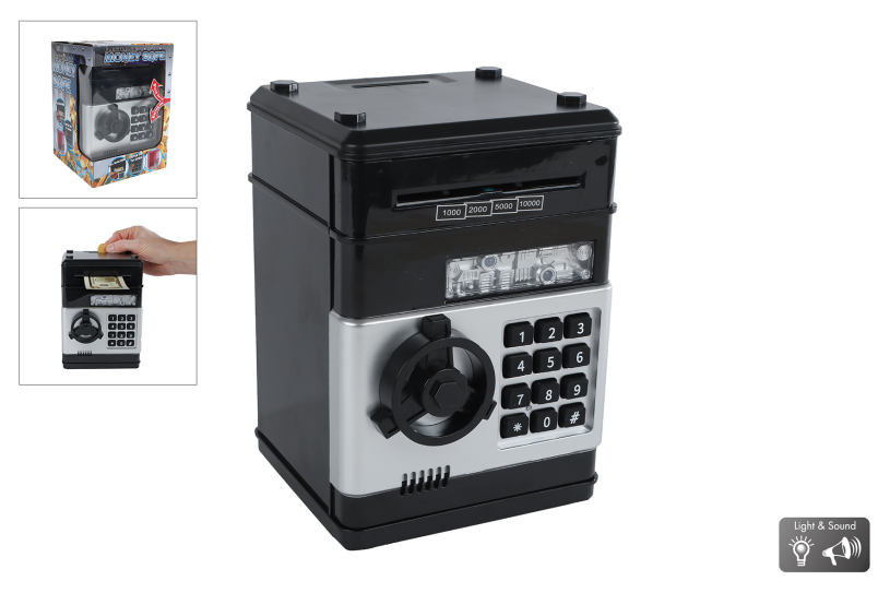 Geldkluis met geheime code en licht en geluid 19,5cm zwart