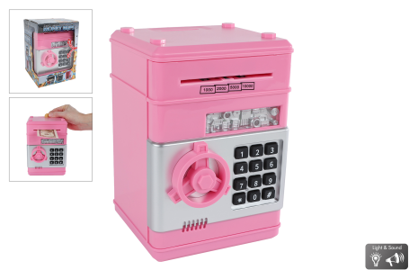 Geldkluis met geheime code en licht en geluid 19,5cm roze