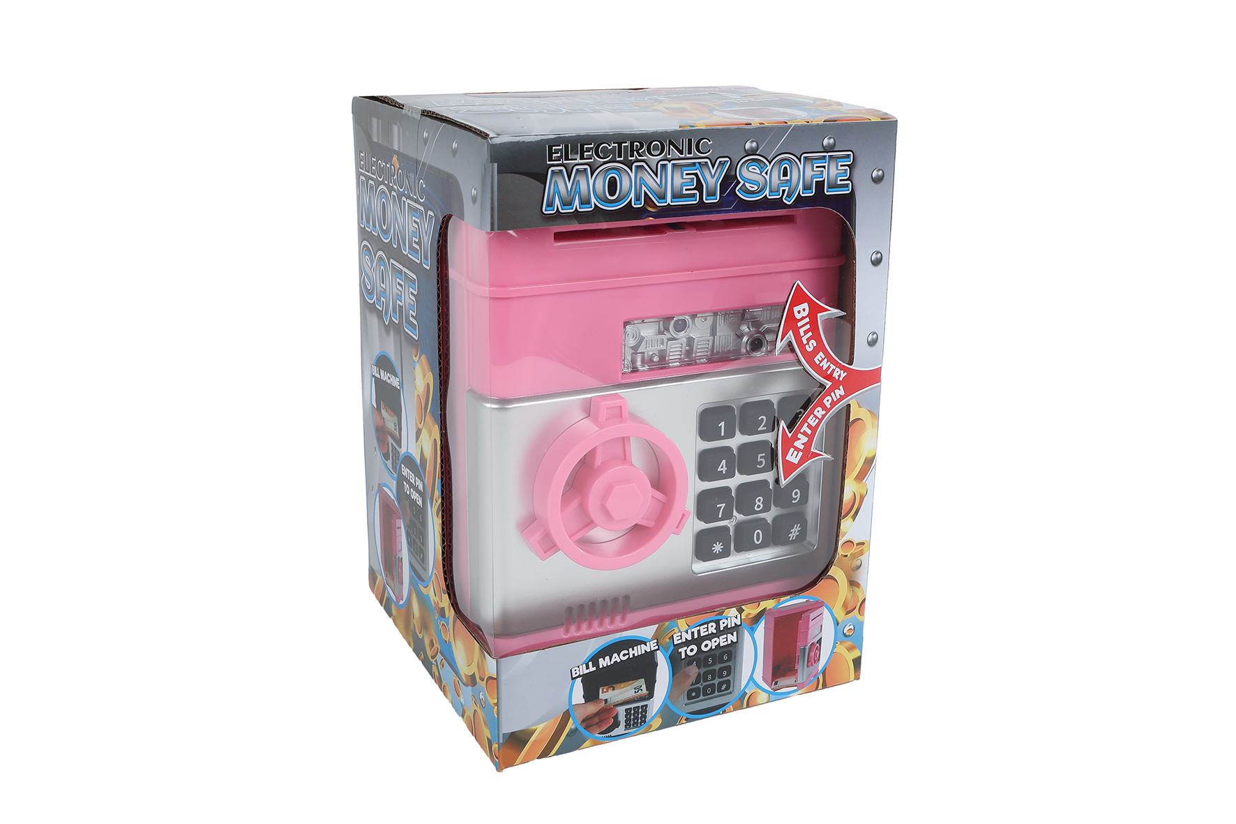 Geldkluis met geheime code en licht en geluid 19,5cm roze