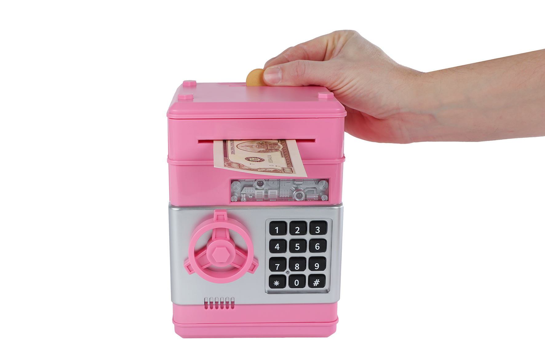 Geldkluis met geheime code en licht en geluid 19,5cm roze