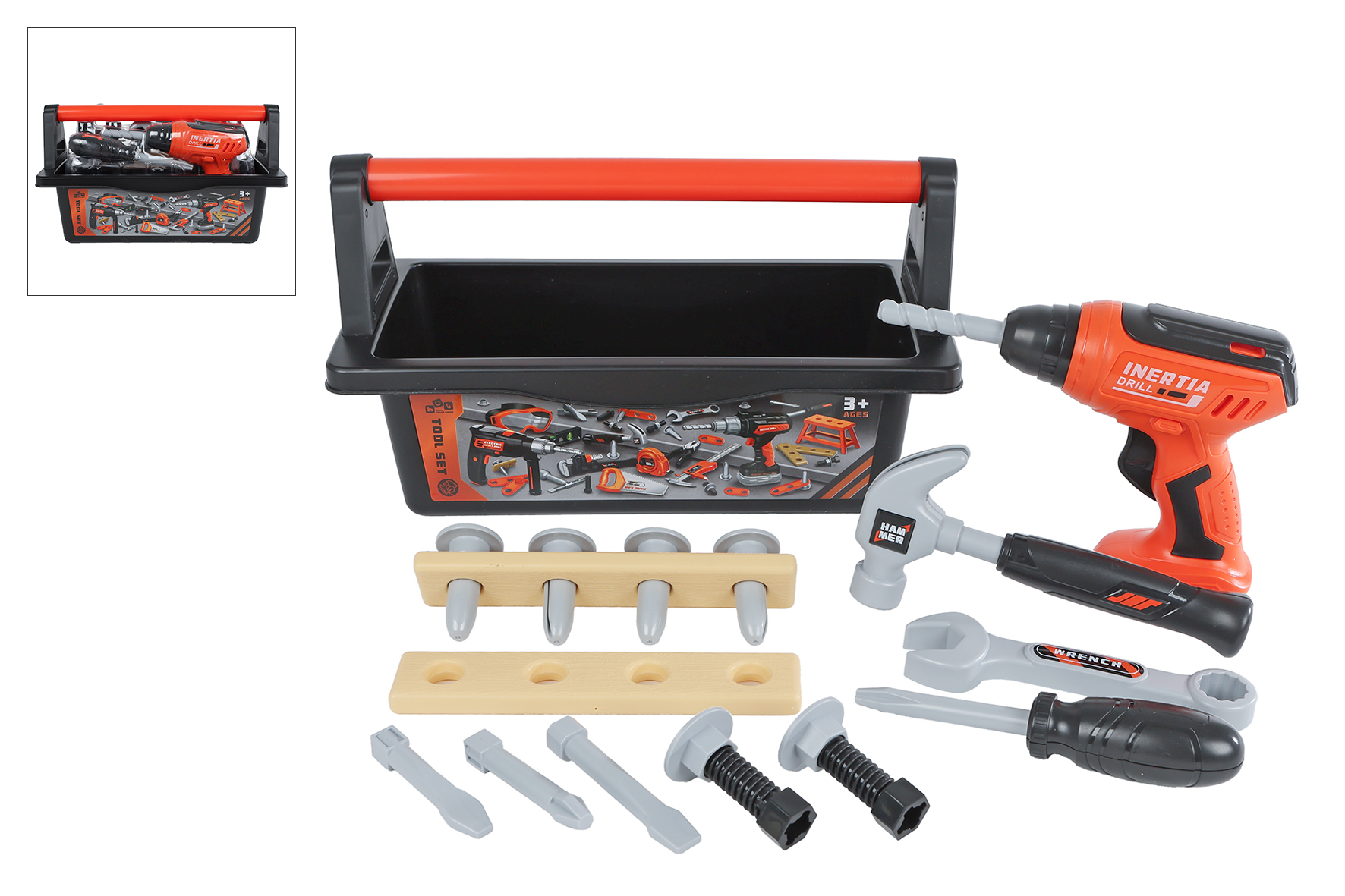 Gereedschapsset in gereedschapsbak met boormachine 18dlg