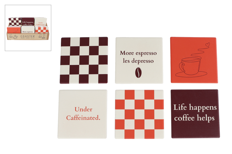 Onderzetter aardewerk Coffee 10x10x7mm assorti in display