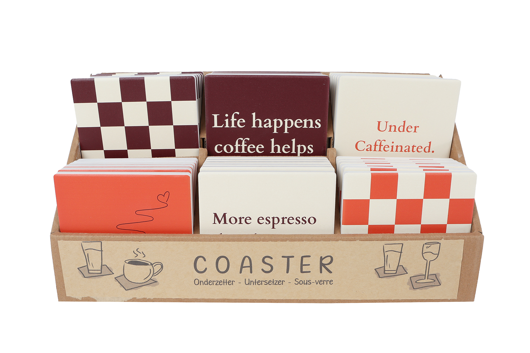 Onderzetter aardewerk Coffee 10x10x7mm assorti in display