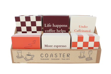 Onderzetter aardewerk Coffee 10x10x7mm assorti in display