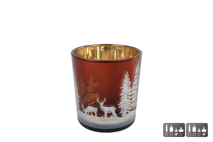 Theelichthouder Hert/Dennenboom S bruin glas 7,5x7,5x8cm