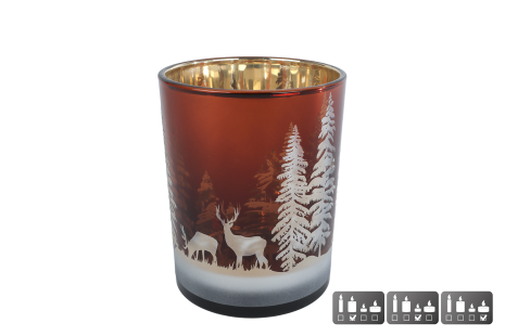 Theelichthhouder Hert/Dennenboom M bruin glas 10x10x12,5cm