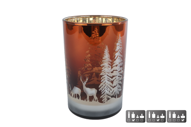 Theelichthouder Hert/Dennenboom L bruin glas 12x12x18cm