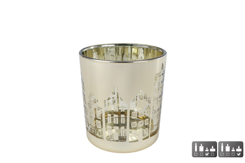 Theelichthouder Huisjes S goud glas 7,5x7,5x8cm