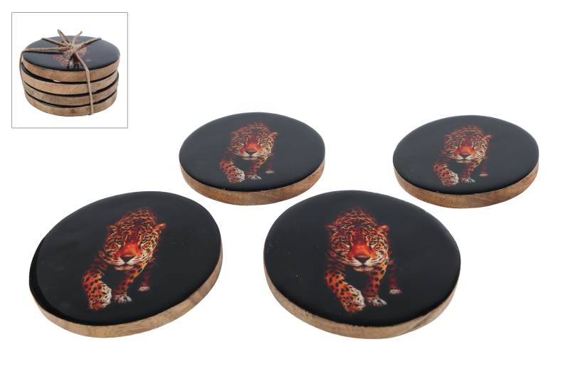 Onderzetter Leopard 4 stuks zwart hout/emaille 10x10x3,5cm