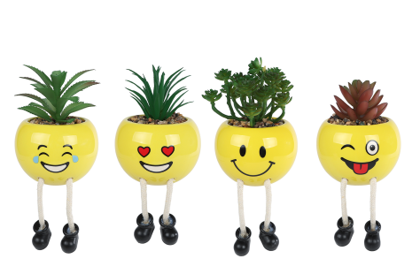 Bloempotje Smile met plantje geel aardew 9x9x13cm 4 assorti