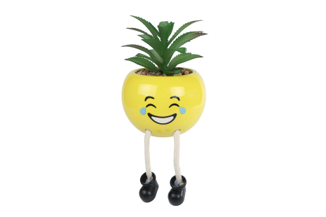Bloempotje Smile met plantje geel aardew 9x9x13cm 4 assorti