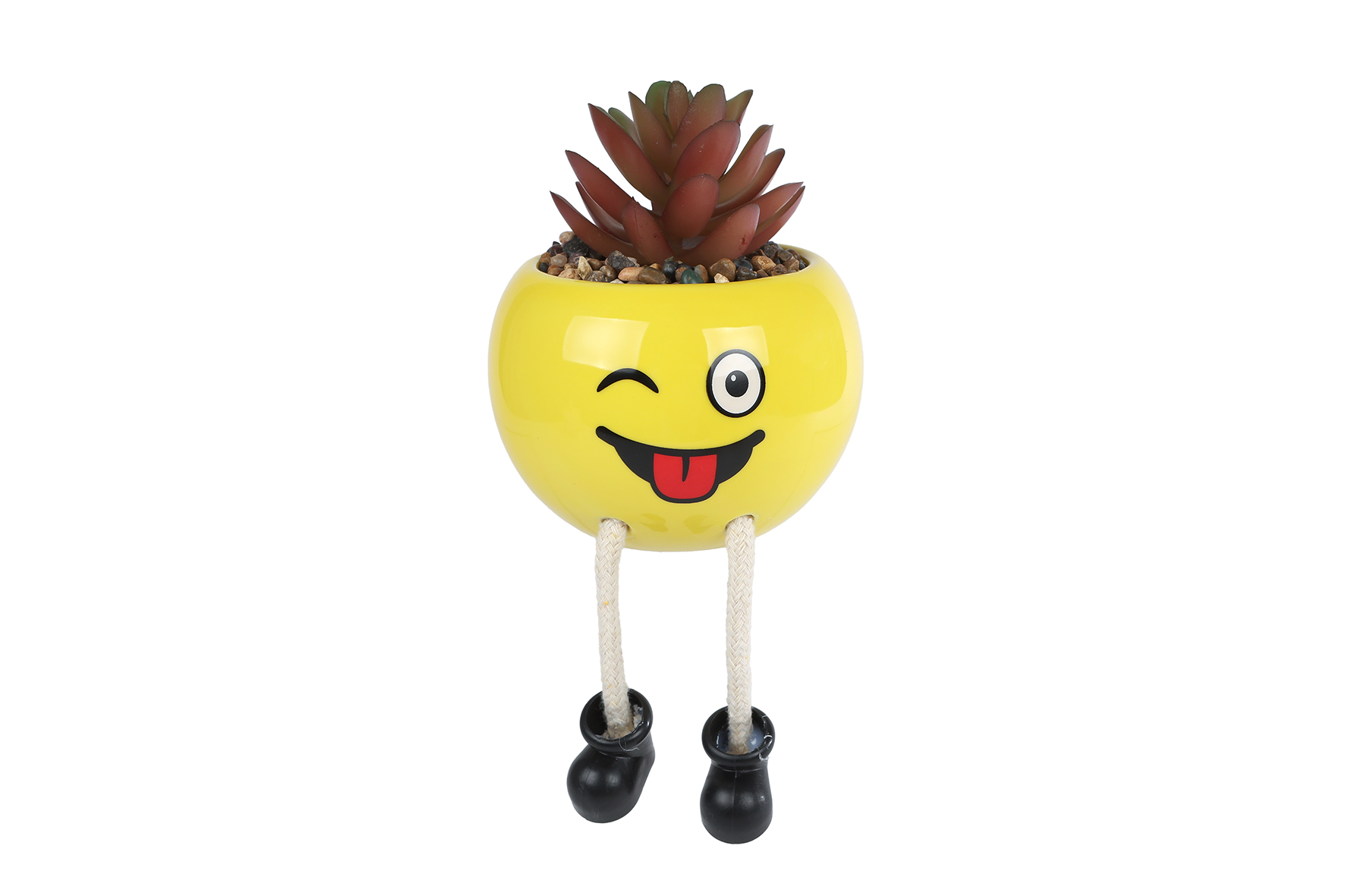 Bloempotje Smile met plantje geel aardew 9x9x13cm 4 assorti