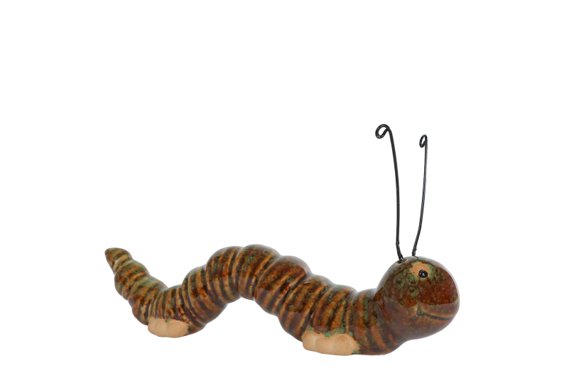 Sculptuur Caterpillar S bruin/groen aardew 15x3,5x6cm