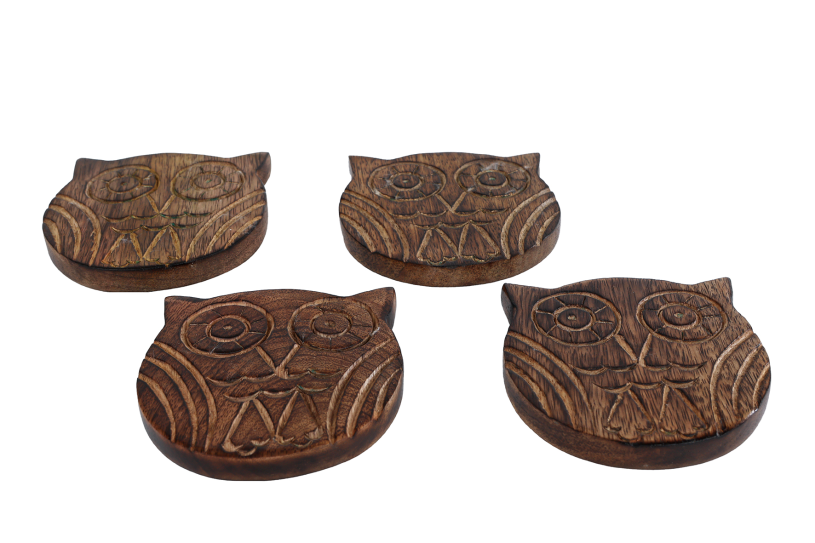 Onderzetter Uil naturel mango 10x10x4cm 4 stuks