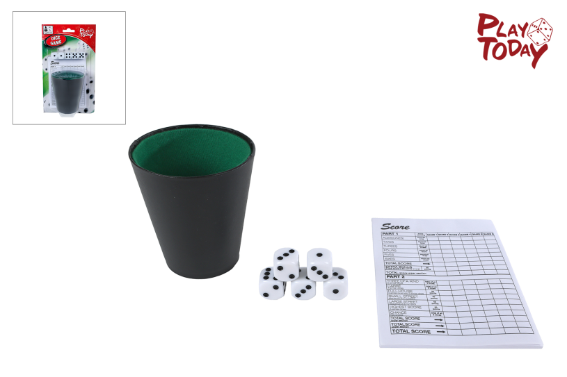 PlayToDay dobbelspel met beker en 5 dobbelstenen 9x14x23cm