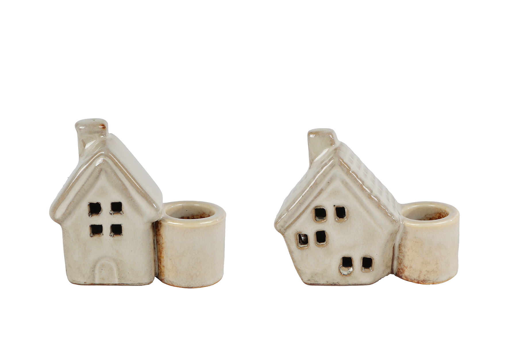 Kandelaar Huisje aardewerk beige 8x3x7cm assorti